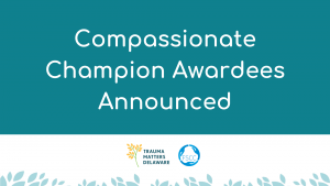 Text that reads "Compassionate Champion Awardees Announced" with logos for Trauma Matters Delaware and the Family Services Cabinet Council