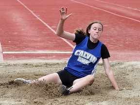 Nicole Pilon of Calvin Park Public School lands in the senior girls long jump at the Limestone Elementary Schools Athletic Association track and field championships at CaraCo Home Field on Wednesday, June 8, 2022.