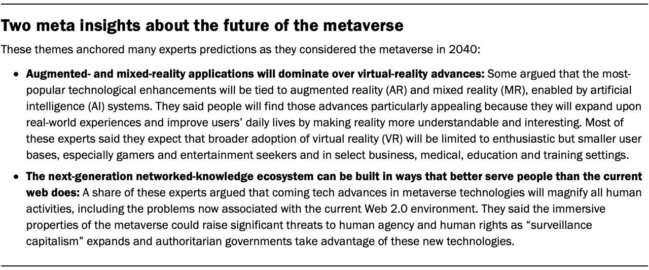 A table showing two meta themes that anchored many experts' predictions